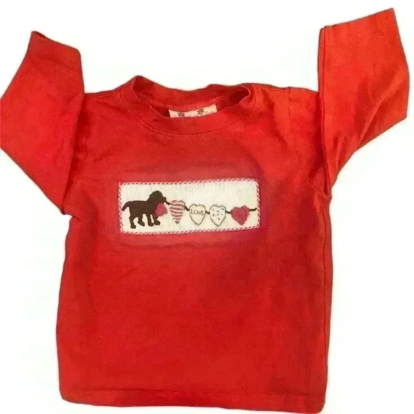 Smock Monkey Valentine's Dog Hearts red tee shirt 9 months smocked - Picture 1 of 8
